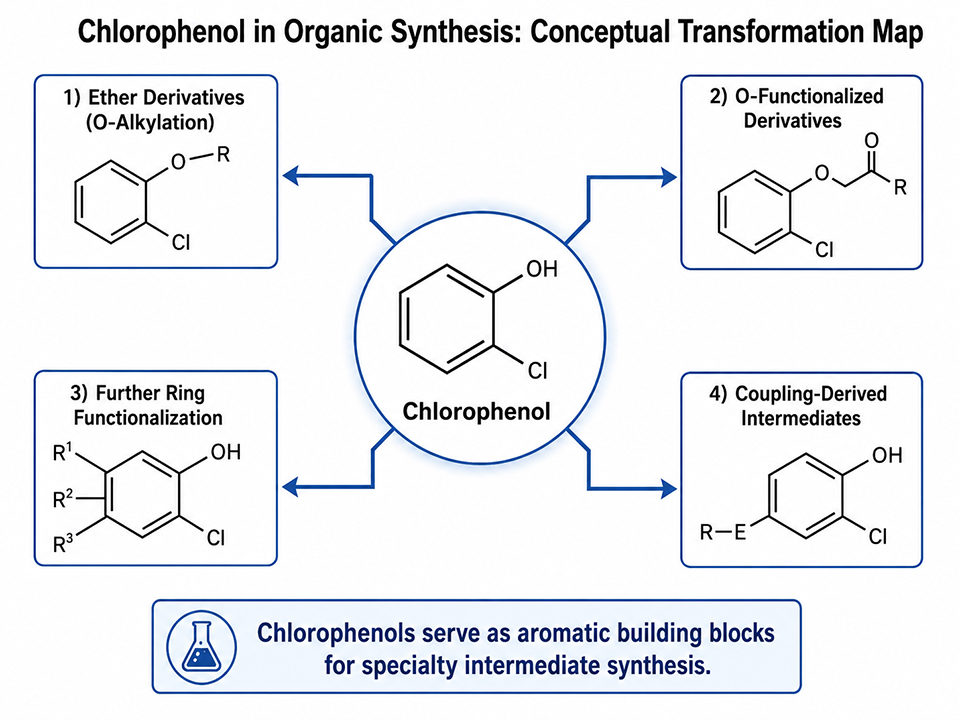 Organic synthesis pathways using chlorophenol as an aromatic building block Organic synthesis pathways using chlorophenol as an aromatic building block