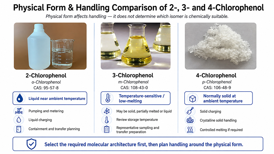 Physical form and handling comparison of 2-, 3- and 4-Chlorophenol