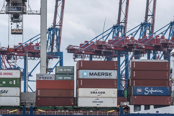 Chemical export logistics illustration with sea, air, and courier options — Recommended size: 600×400px, showing shipping containers at a port, cargo ships, freight planes, or a global logistics map with shipping routes